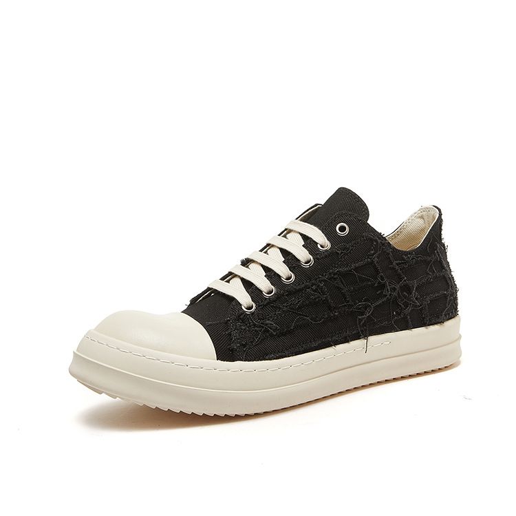 New European And American Style Canvas Low-top Black Tassel Ripped Shallow Casual Women's Shoes Round Toe Lace-up_vogvips.com
