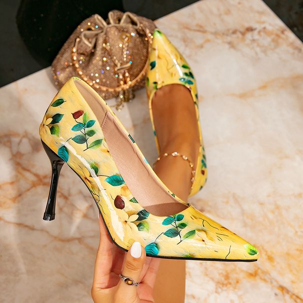 Women's High Heels Women's Fashionable Yellow Printed Simple Pointed Stiletto High Heels Single Shoes Women_vogvips.com