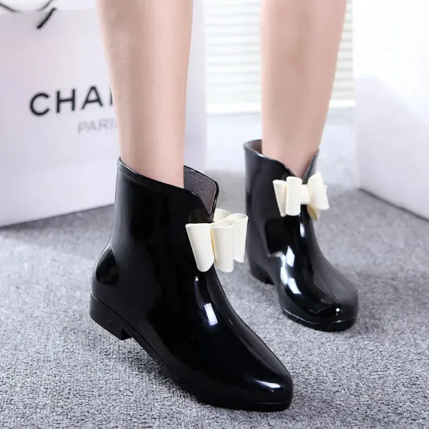 Short-tube Womens Spring And Autumn Rain Knot-bow Low-top Boots White-collar Waterproof Shoes Rubber Overshoes 241111_vogvips.com