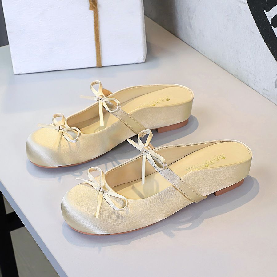 Bow Word With Shallow Mouth Bag Head Half Drag Women Hollow Inner Height Increase Round Head Cool Slippers_vogvips.com