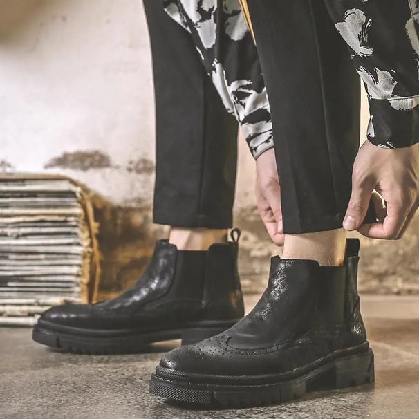 Martin Boots Men's Inner Height Increase Short Boots Men's Matte Leather Chelsea Boots Men's Leather Shoes Do Not Tie_vogvips.com