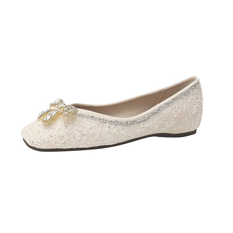 Square Head Single Shoes Women's Flat Bottom One Pedal Bow Rhinestone Beanie Shoes Spring Ladyshoes Women_vogvips.com