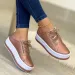 Platform Slip On Sneakers Ribbon Lace Metallic Leather Layered Thick Sole Casual Walking Shoes For Women Gold Tone_vogvips.com