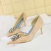 Women's shoes high heel hand scratch wrinkle cloth shallow mouth pointed side hollow rhinestone buckle single shoes_vogvips.com