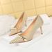 9283-A1 Thin High Heel Shallow Pointed Head Cloth Plaid Houndstooth Metal Chain Pearl Single Shoes_vogvips.com