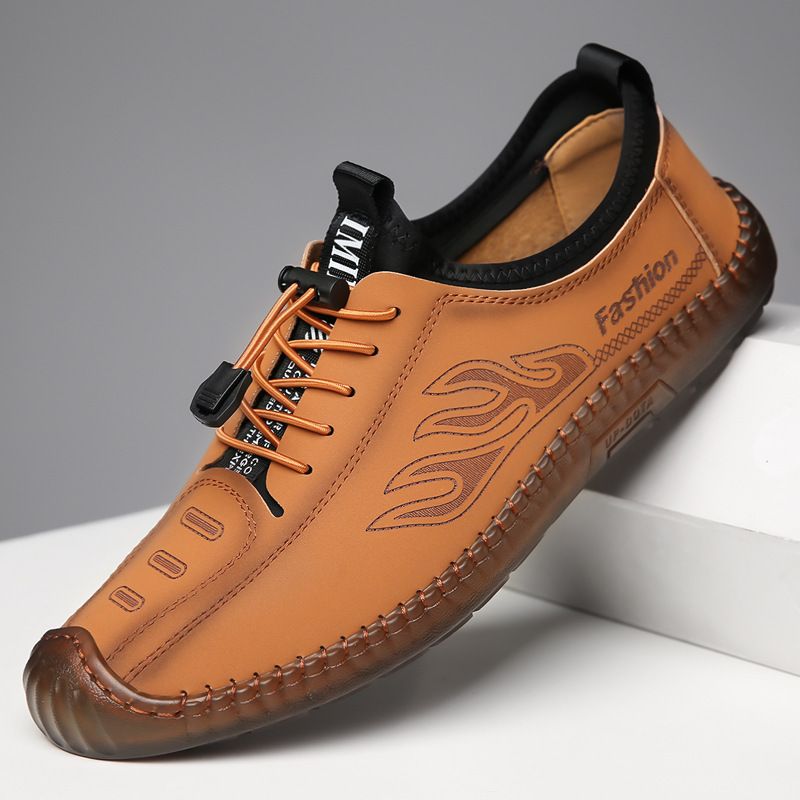 Spring Cowhide Sole Slip On Men's Shoes Soft Sole Soft Surface Casual Shoes Lace Up Leather Shoes Dad Shoes Toe Shoes_vogvips.com