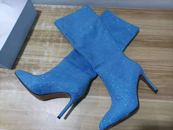 Women's Shoes Starry Rhinestone Pointed Toe Stiletto Super High Heel Knee High Boots Large Size Catwalk Women's Boots_vogvips.com