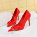 516-H31 Korean Fashion Banquet High Slim Heels Women's Suede Shallow Mouth Pointed Diamond Bow Single Shoes_vogvips.com