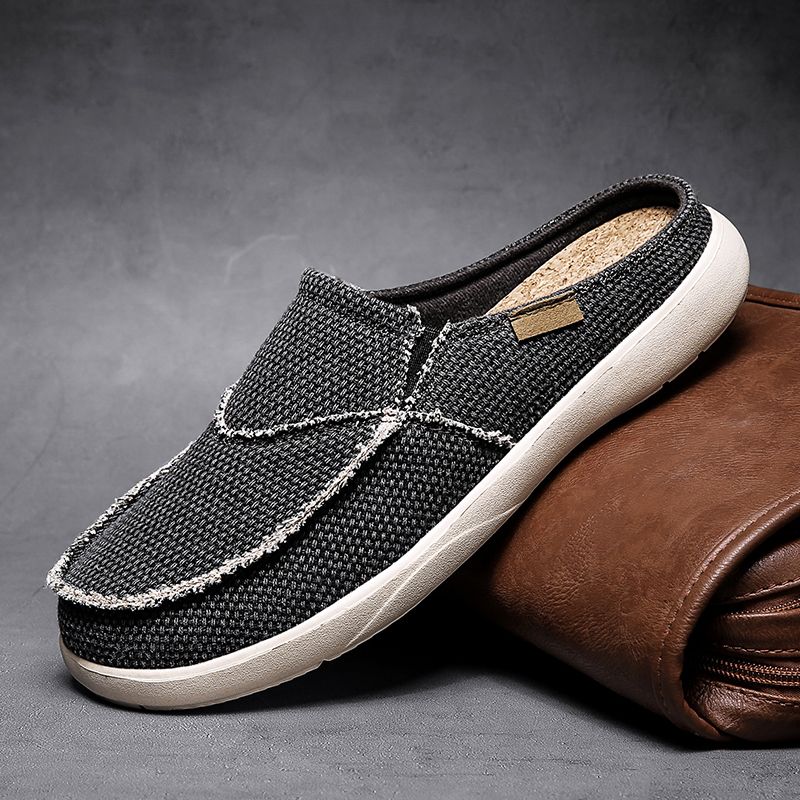 Casual Slip On Mens Shoes Outdoor Walking Comfortable Canvas Slippers Korean Trend Baotou Half Drag Slides Zapatillas_vogvips.com