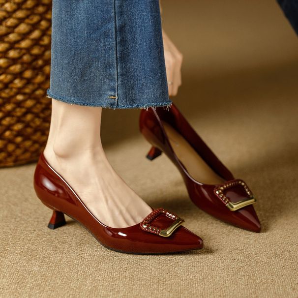 Stiletto Pointed-toe Shoes, 2026 Spring New French Style Patent Leather Mid-heel Red Wedding Shoes, Slip-on Square Buckle Shallow_vogvips.com