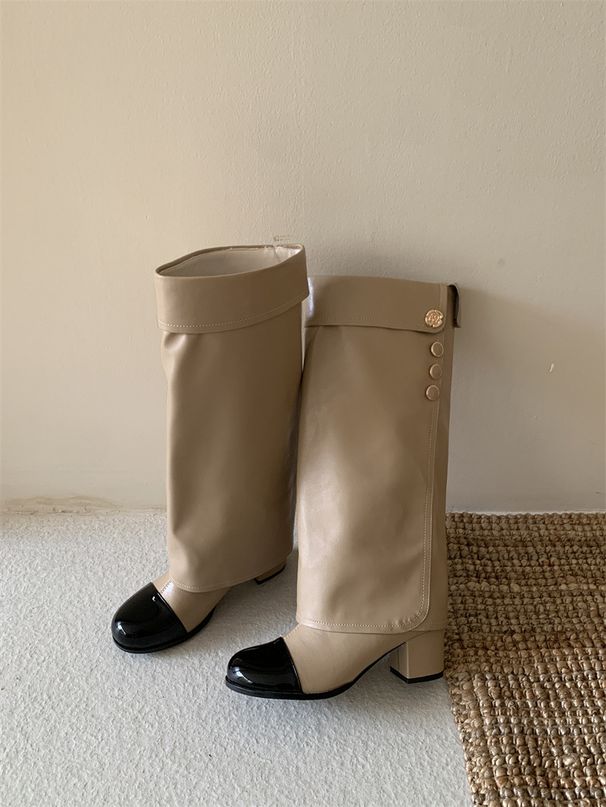 Women's Chunky Heel Round Toe Knee High Riding Boots In Black, White & Beige - Classic Style Slip-On Boots For All Seasons Khaki Long Boots_vogvips.com