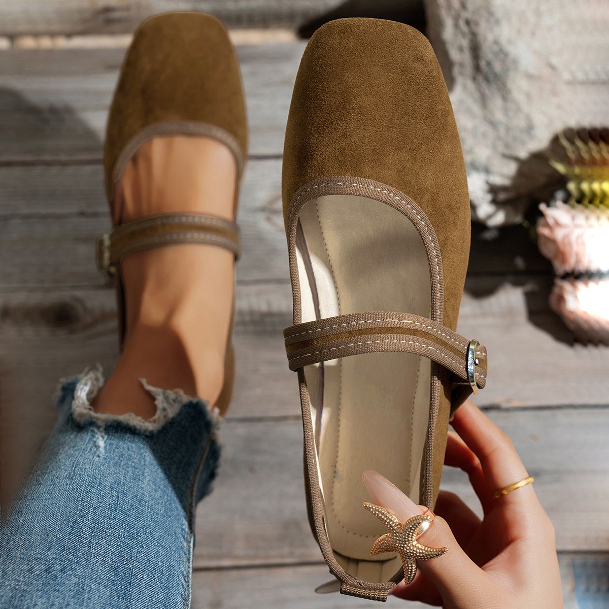 Cross-Border Plus Size Suede Single For Women 2025 New Shallow Round Toe Coffee Color Flat Mary Jane Ballet Shoes_vogvips.com