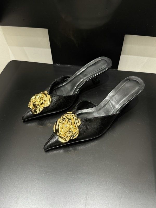 2025 Spring New Fashion Style Metal Camellia Pointed Stiletto High Heels Closed Toe Mules Women's Shoes_vogvips.com