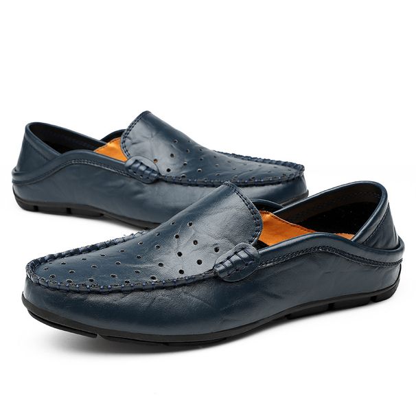 Bean Shoes Flat Men Hollow Leather Slip-on Casual Shoes_vogvips.com
