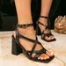 Women's High Heels Black Casual Simple Square Head Thick Heel Sandals Women's Split Toe High Heel Sandals Evening Shoes_vogvips.com