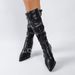 plus Size High Heeled Fashion Boots For Women European American Style Pleated High Top Pointed Toe Buckle Black PU Suede Autumn_vogvips.com