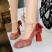 9983-H78TP French Bow Pearl Chain Strap High Square Heads Waterproof Platform Thick Heels Sparkling Single Shoes_vogvips.com