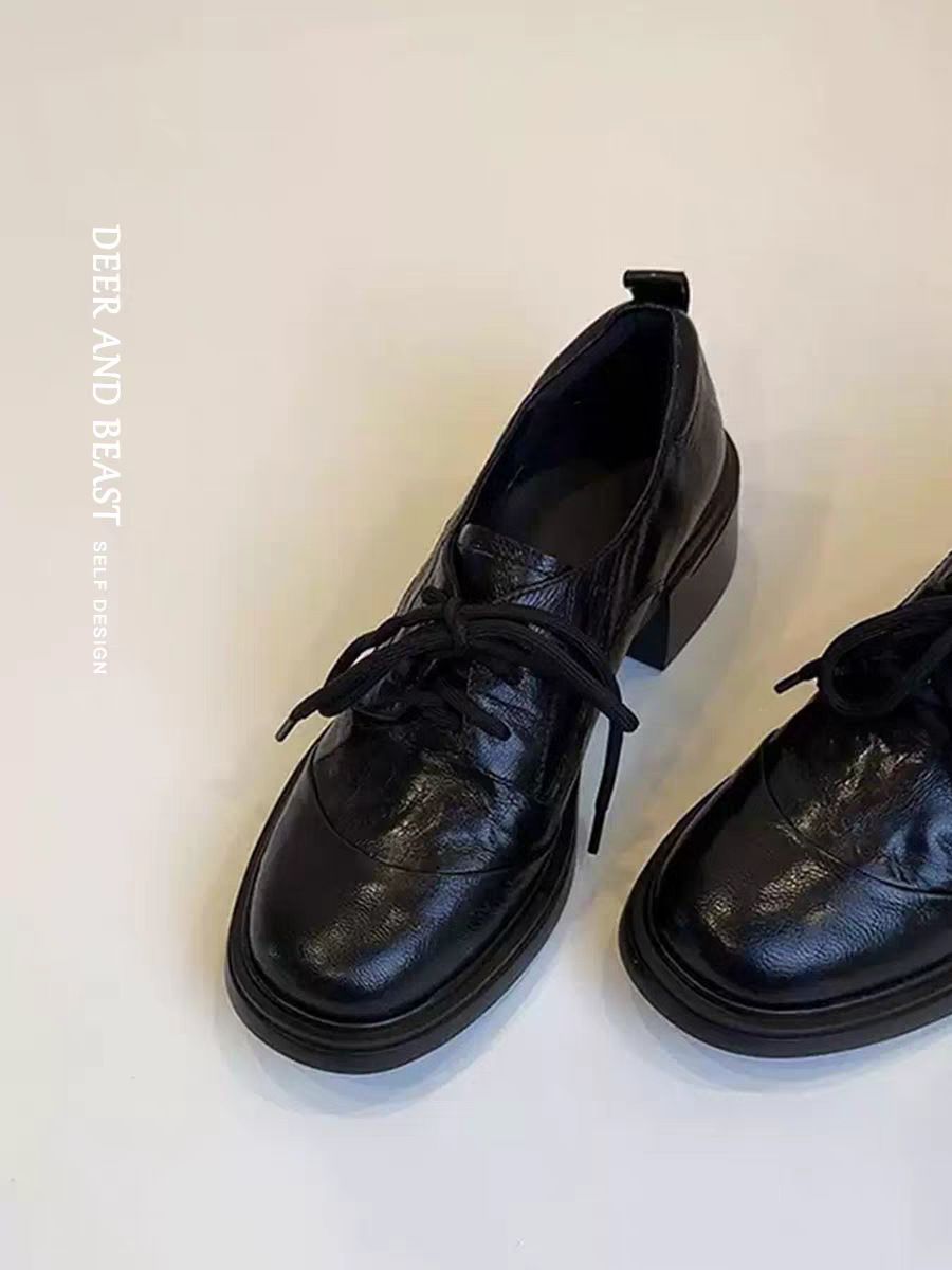 Women's Retro Soft Leather round Toe Loafers Lace-Up Chunky Heel Single Shoes for New Autumn_vogvips.com