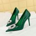 Stiletto heels, shallow mouth, pointed point, vintage patent leather, snake-print rhinestone buckle women's single shoes_vogvips.com