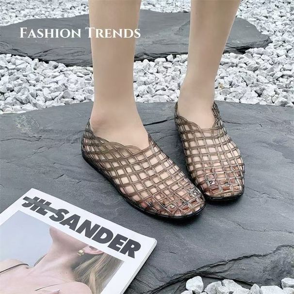 Flat Red Jelly Transparent PVC Women's 2025 New Summer Hollow Sandals, Fishnet Shoes, Single Shoes_vogvips.com