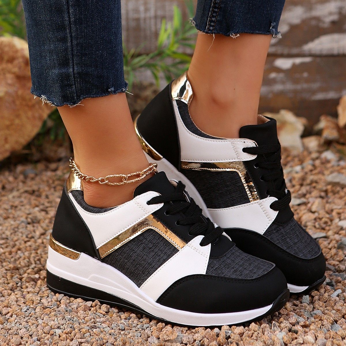 Women's Winter Lace Up Running Shoes Style Casual Color Block Sports Wedge Heel Plus Size Single Shoes New Fashion_vogvips.com