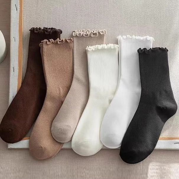 3/5/6/10 Pair Ruffled Mid Length Women Breathable Solid Color Set Spring And Autumn Comfort Sweat-aborbing Girl'_vogvips.com