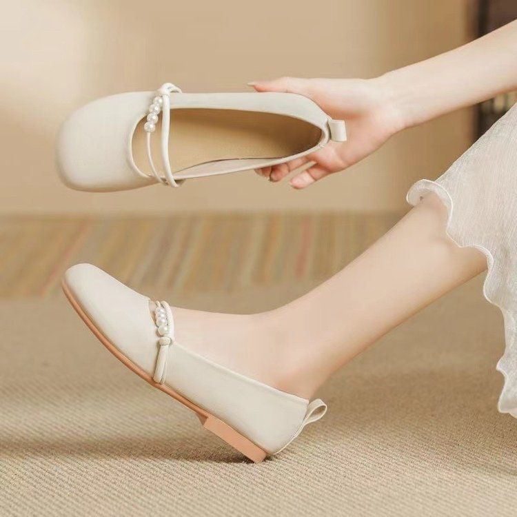 Round Head Pearl Mary Jane Shoes Women's Soft-soled Small Fragrant Evening Breeze Gentle Soft Leather Shallow Mouth Single Shoes_vogvips.com