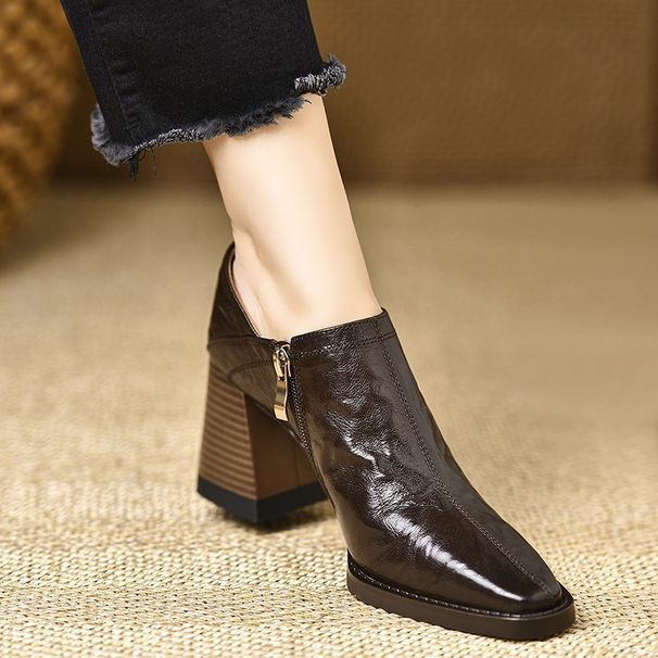 Women's Retro High Heeled Shoes Plus Size Side Zipper Chunky Heel Deep Mouth Professional Single Shoes_vogvips.com