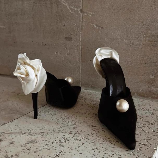 STRIDEO French Pointed Pearl Sandals Thin Heel Celebrity Banquet Cool Slippers 2026 New White Rose Suede High Heels Women_vogvips.com