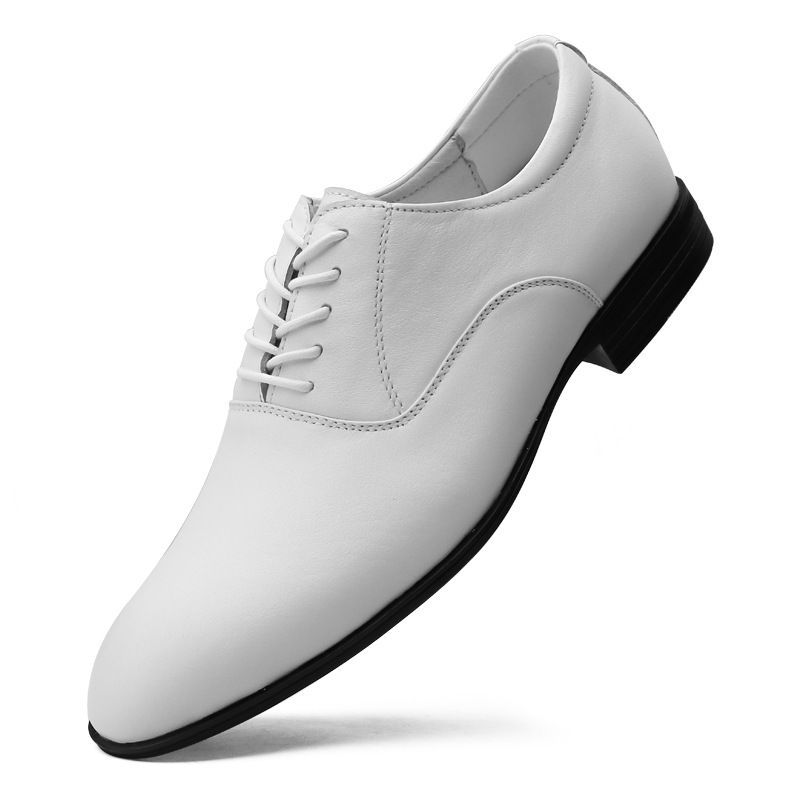 Men's Shoes Large Size Solid Color Elegant Men's Pointed Formal Wear Small White Leather Shoes Lace-up Single Shoes_vogvips.com