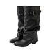 Women's Retro Black Thick Soled Slouch Rider Boots Versatile Height Increasing Belt Buckle Western Long Boots_vogvips.com