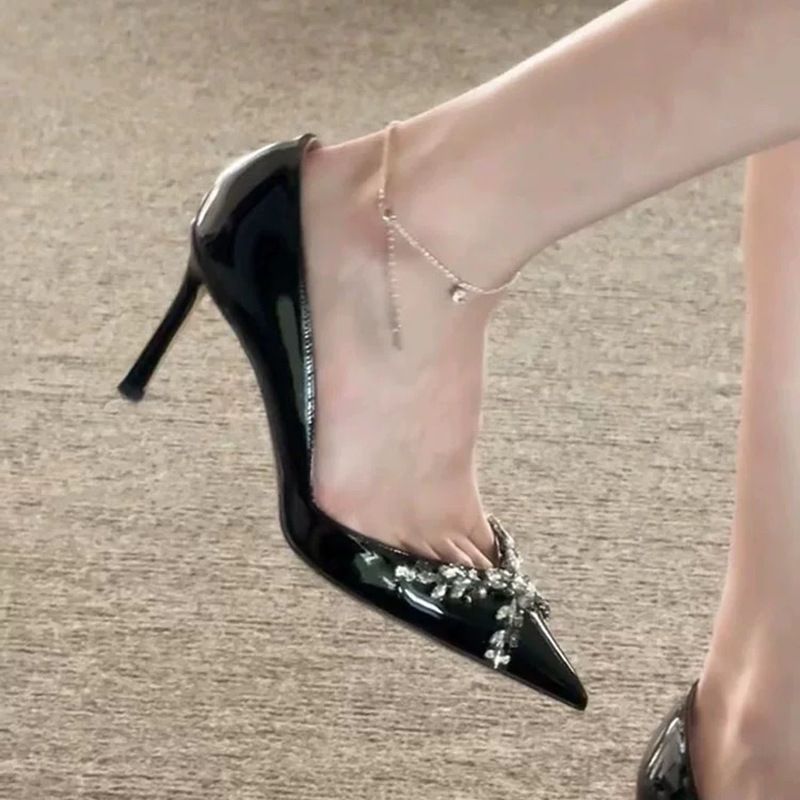New Nude Rhinestone Pointed Toe High Heels Women's Shoes Feminine Sophisticated French Style Low Cut For Spring Autumn_vogvips.com