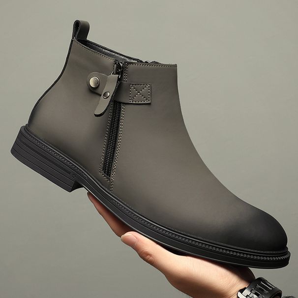 Martin Boots Men's Thick-soled Waterproof Leather High-top Leather Boots Men's Side Zipper Wind-increased Short Boots_vogvips.com