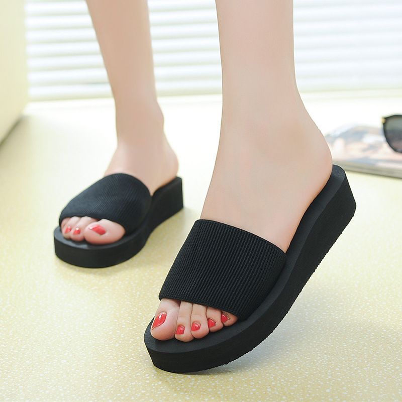 Summer Cool Slippers Women's Black Outer Wear Medium Heel One-word Drag New Non-slip Slope Heel Thick-soled Seaside Vacation Beach Shoes_vogvips.com