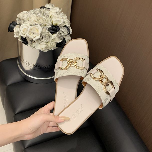 Women's Square Toe Flat Sandals plus Size Printed Peep Toe Open Toe Chain Buckle Casual Footwear_vogvips.com
