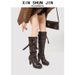 High Heeled Women's Boots Style Round Toe Leather Slip-On Solid Color Versatile For Commuting_vogvips.com