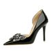 638-H23 Ultra High Heels Banquet Women's Thin Heels, Lacquer Leather, Shallow Mouth Pointed Water Diamond Bow Tie Single_vogvips.com