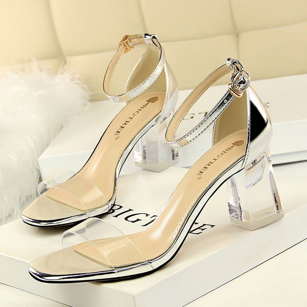 169-3 Korean Style Fashion Crystal Pedicure Elegant Women's Shoes Chunky High Heel Open Toe Transparent Strap Sandals_vogvips.com