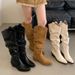 Miting Vintage Style Pleated Pointed Toe Chunky Heel High-Tube Long Boots, Versatile And Unique Western Cowboy Boots For_vogvips.com