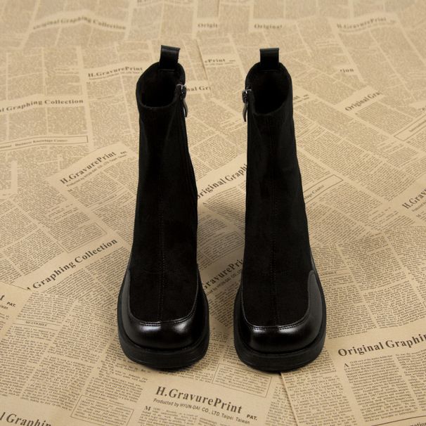 Women's Platform Ankle Boots Thick Heel Height Increase Splicing Short Elastic Skinny Boots_vogvips.com