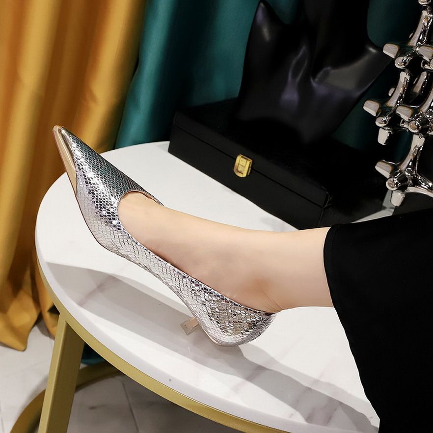 Women's Elegant Pointed Toe Mid Heel Party Shoes With Metallic Accents & Glitter Fabric, Snake Print Design, Sizes 34-40_vogvips.com