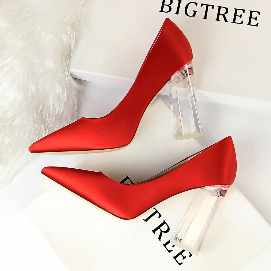 2993-1 Korean Style Fashion Transparent Crystal Heel Satin Shallow Pointed Toe Sexy High Heels Wedding Women's Single_vogvips.com