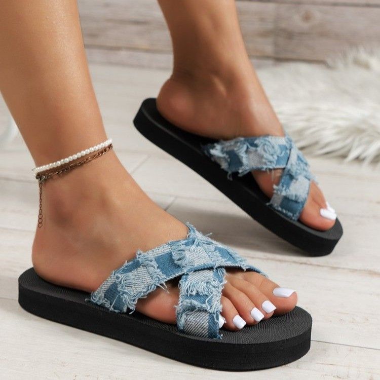 Sandals Casual Comfort Cross Denim Check Simple Woman_vogvips.com