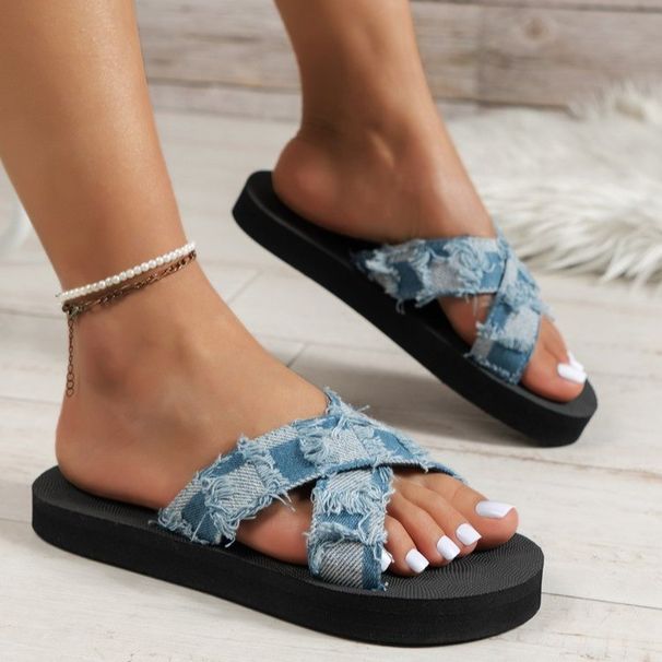 Sandals Casual Comfort Cross Denim Check Simple Woman_vogvips.com