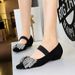 Light Luxury Elastic Band One-pedal Low-heeled Women's Single Shoes Dazzling Rhinestone Bow Wedge-heeled Women's Shoes_vogvips.com