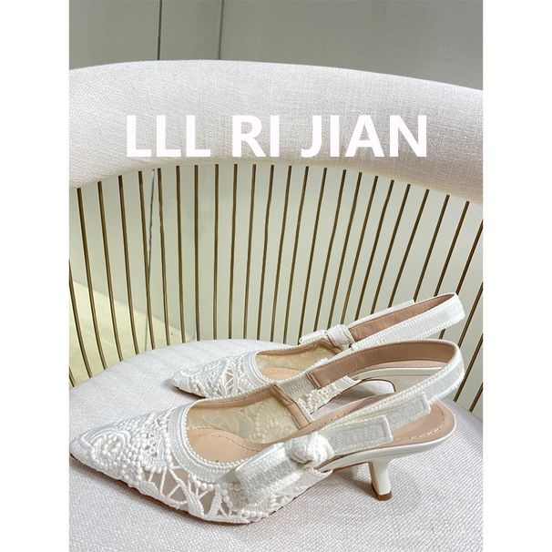 Lace Embroidered High Heel Baotou Sandals Women's Middle Heel Cat Heel_vogvips.com