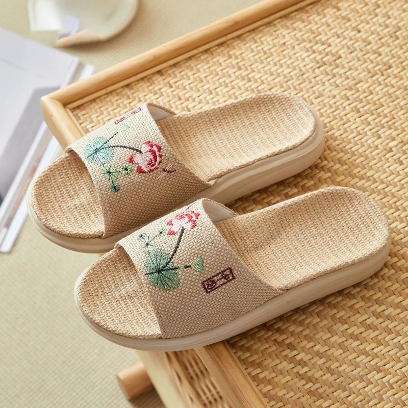 New Linen Slippers Men And Women Open Cotton And Linen Thick Bottom Embroidery Comfortable Couple Floor Home Cool Slippers Wholesale_vogvips.com
