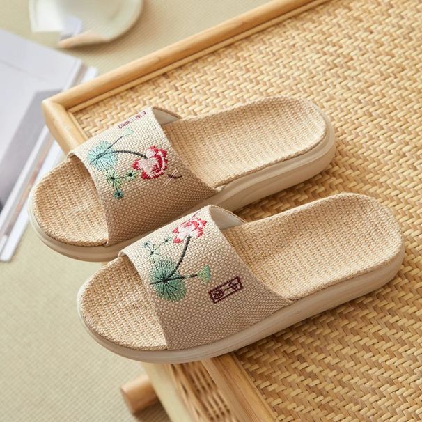 New Linen Slippers Men And Women Open Cotton And Linen Thick Bottom Embroidery Comfortable Couple Floor Home Cool Slippers Wholesale_vogvips.com