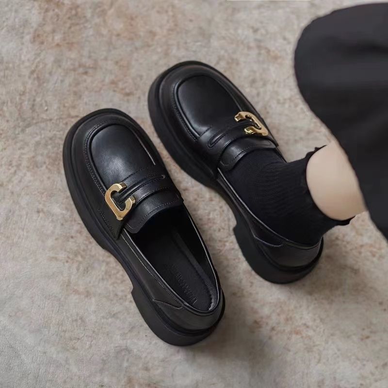 Soft-soled Loafers Women's Single Shoes British Platform-soled One-pedal Leather Shoes_vogvips.com