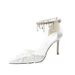Women's White High Heeled Bridal Shoes French Style Open Toe With Pearl Tassel Chain Lace And Flowers Design Wedding Footwear_vogvips.com